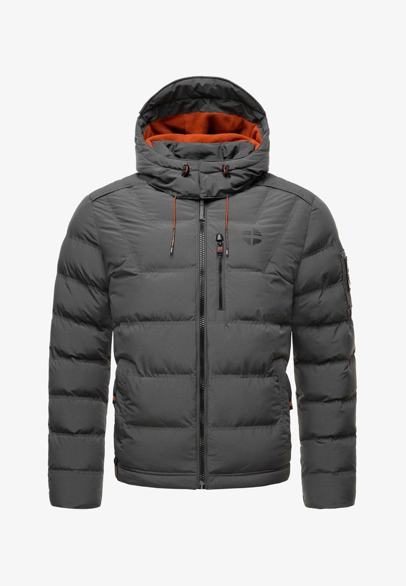 Gray puffer jacket with a zippered front, adjustable hood, orange inner lining, and logo detail on the chest. Textured, padded design.