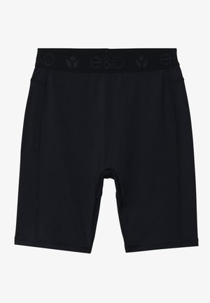 Sorte atletiske shorts med en glat overflade, elastisk talje med et logo og en tætsiddende design, der er velegnet til sport eller aktivt tøj.