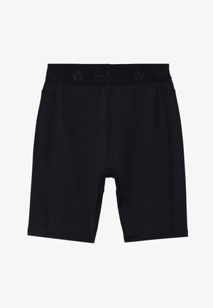 Mustad mustad lühikesed püksid sileda tekstuuriga, elastse vöökoha ja logoga, sobivad sportimiseks või aktiivseks kandmiseks.