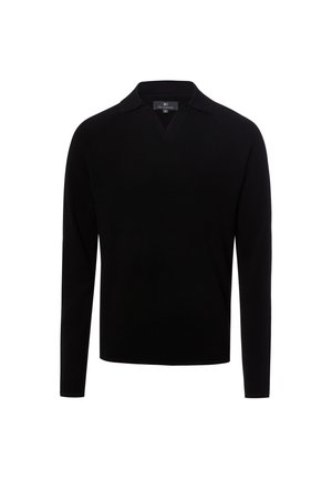 Schwarzes langärmeliges Strickshirt mit kleinem Kragen und V-förmigem Ausschnitt, auf weißem Hintergrund dargestellt.