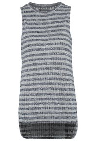Robe sans manches en maille avec des rayures horizontales grises et blanches et un col rond, faite en tissu côtelé texturé.