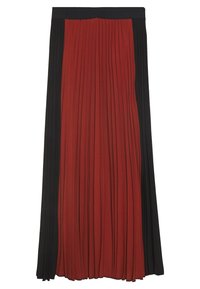 Falda plisada con un diseño de bloques de color rojo y negro, fabricada con un tejido texturizado y una amplia cinturilla negra.