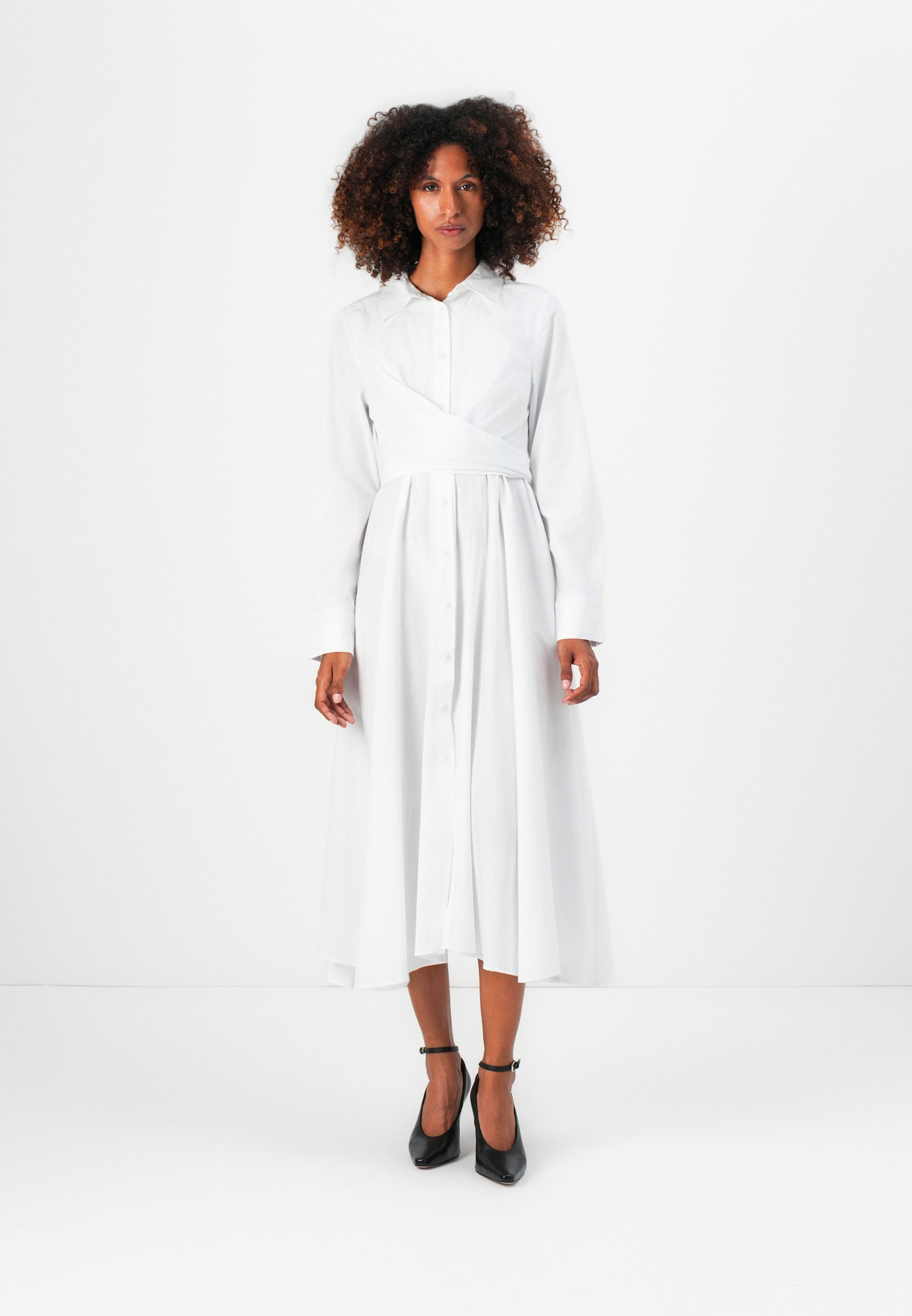 knee length dresses for ladies White | Long Sleeve Ruffle Shirt Dress main image 1