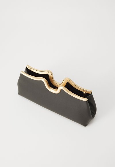 Black clutch bag with a wavy top design and a gold metal frame. The material is smooth, with a structured yet soft shape and no visible patterns.