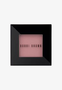 Bobbi Brown rougekompakt i ett svart fyrkantigt fodral, med ett texturerat rosa puder inuti och varumärkesnamnet i fet svart skrift.