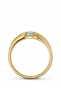 Goldring mit glattem Band, ausgestattet mit einem runden, klaren Edelstein, der in einer vierzapfen Befestigung an der Oberseite eingesetzt ist. Einfaches und elegantes Design.