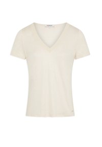 T-shirt a manica corta con scollo a V in avorio, realizzato in tessuto morbido. Presenta una leggera lucentezza e un piccolo etichetta del marchio sull'orlo. Forma classica e aderente.