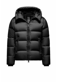 Zwarte pufferjack met een capuchon, voorzien van een ritssluiting aan de voorkant, gequiltde textuur, elastische manchetten en zijzakken voor warmte en functionaliteit.