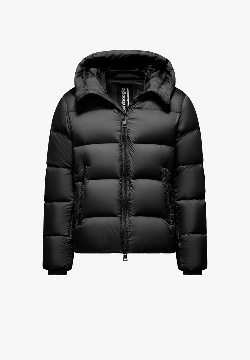 Zwarte pufferjack met een capuchon, voorzien van een ritssluiting aan de voorkant, gequiltde textuur, elastische manchetten en zijzakken voor warmte en functionaliteit.