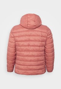 Růžová, vycpaná bunda s kapucí, s vodorovně prošívanými sekcemi a elastickými manžetami. Hladká, lehká látka.