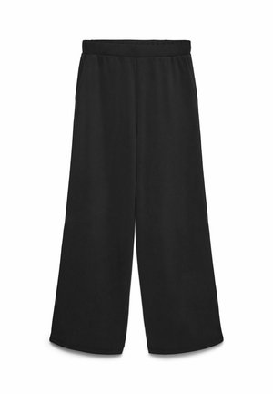 Pantalones negros de pierna ancha con una textura suave, cintura elástica y sin patrones ni accesorios visibles. Adecuados para uso casual.