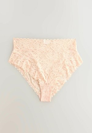 Spets-trosa i mjukt rosa med blommönster. Har vågiga kanter och lättviktsmaterial, perfekt för komfort och andningsförmåga.