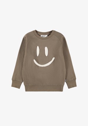 Sweat-shirt marron à manches longues avec un visage souriant texturé blanc sur le devant, col rond et poignets et ourlet côtelés.