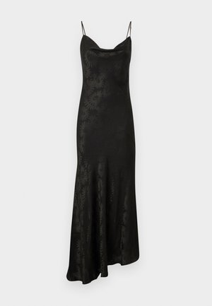 Black satin maxi dress with adjustable thin straps, cowl neckline, and floral texture design extending throughout the fabric. A-line silhouette.