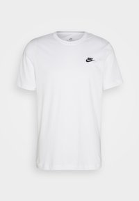 White cotton t-shirt with a crew neckline and short sleeves. Features a small black Nike logo on the left chest.