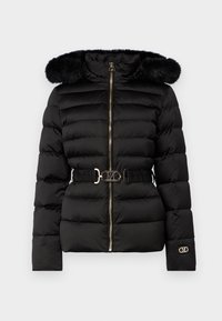 Black puffer jacket with a fur-trimmed hood, front zipper, and elastic belt featuring a logo. Textured, quilted design with long sleeves.