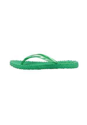 Groene teenslippers met een gevlochten, gestructureerde zool en glanzende groene plastic banden. Lichtgewicht ontwerp voor casual gebruik.