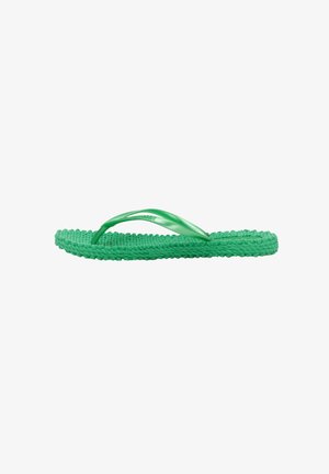 Green flip-flop with a braided textured sole and glossy green plastic straps. Lightweight design for casual wear.