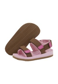 Bruna tygsandaler med rosa accenter och två justerbara remmar, med en rosa fotsula och en brun strukturerad gummisula.