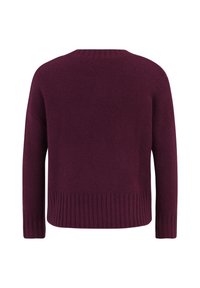 Pull en tricot bordeaux avec un ourlet et des poignets côtelés, présentant un col rond simple et une coupe ample, fabriqué à partir d'un tissu doux et texturé.