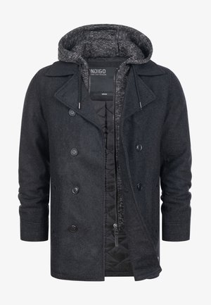 Czarnoszary dwurzędowy wełniany płaszcz z czarną pikowaną wewnętrzną kurtką oraz przymocowanym kapturem ze sznurkami, pokazany z przodu.