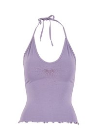 Top halter lilla con orlo arricciato, caratterizzato da un design a farfalla e strass incastonati per decorazione. Tessuto morbido e elasticizzato.