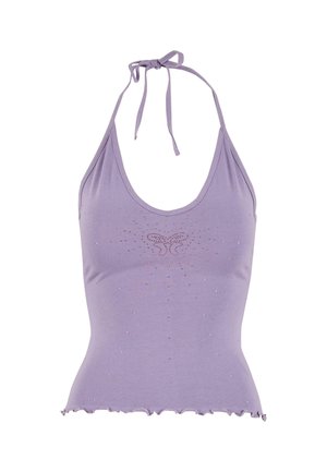 Lilac halter top with a ruffled hem, featuring a butterfly design and embedded rhinestones for embellishment. Soft, stretchy fabric.