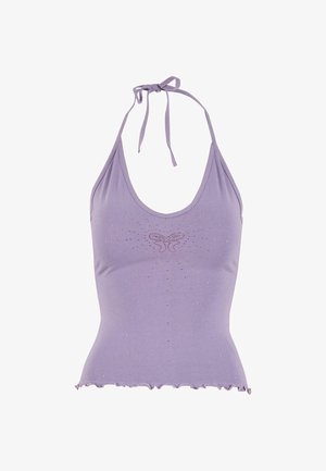 Lilac halter top with a ruffled hem, featuring a butterfly design and embedded rhinestones for embellishment. Soft, stretchy fabric.