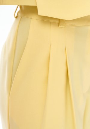Żółte plisowane spodnie z wysokim stanem, bocznymi kieszeniami i szlufkami na pasek, pokazane z bliska od talii do połowy uda.