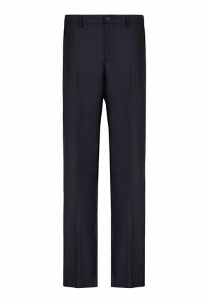 Marineblaue formelle Hose mit Knopf- und Reißverschluss, Gürtelschlaufen und gebügelten Bügelfalten an der Vorderseite jedes Beins.