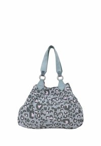 Borsa tote con stampa leopardata grigia e accenti rosa, dotata di manici blu solidi e minuteria argentata. Texture morbida e design spazioso.
