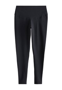 Mustad täispikkade sääristega püksid kõrge vöökohaga, siledast kangast ja keha järgiva lõikega, esitatud valgel taustal.