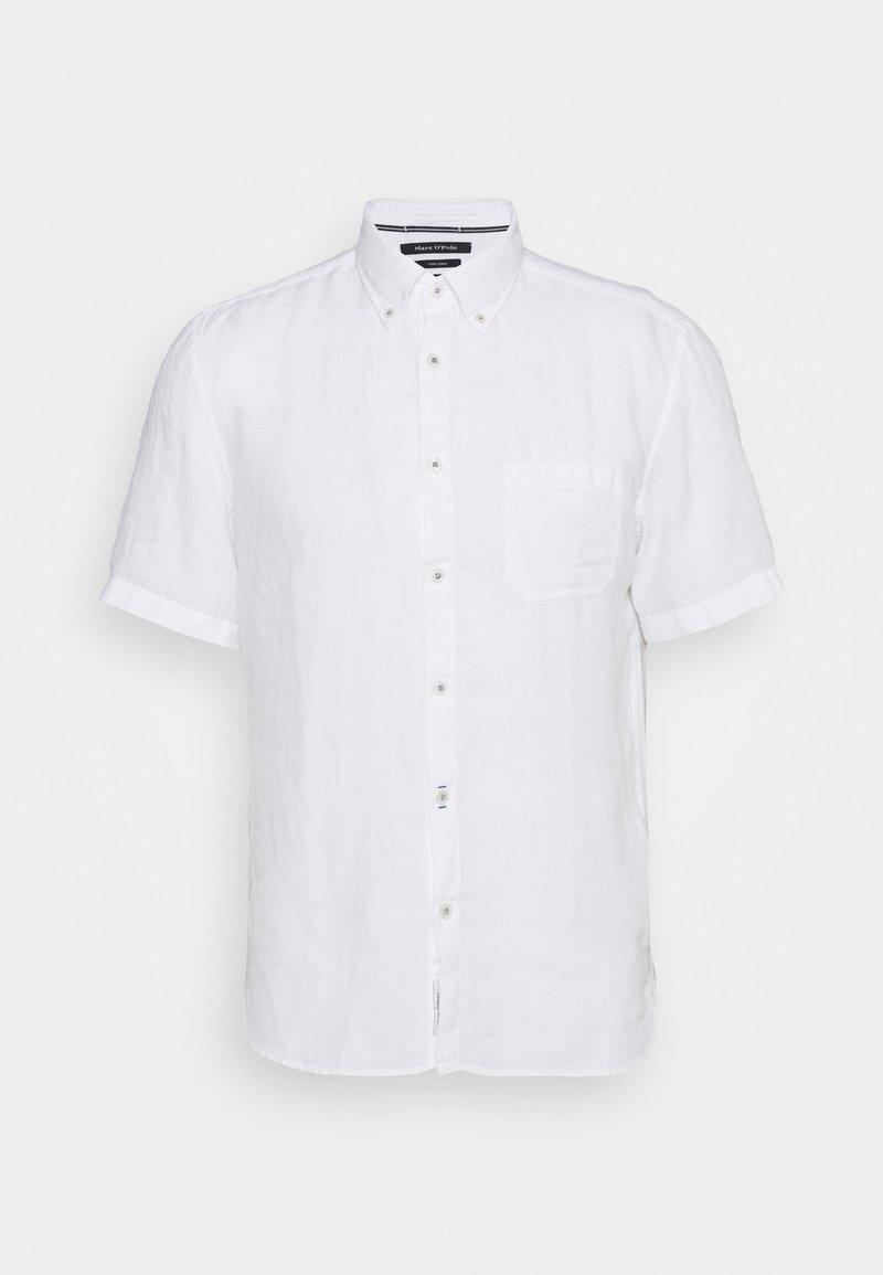 Chemise en lin blanche à manches courtes avec boutons, poche avant et col boutonné.