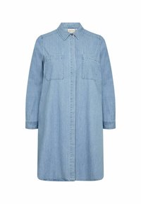 Gai zila džinsa kleita ar apkakles izgriezumu, pogu priekšpusi, divām krūšu kabatām un garām piedurknēm. Taisna piegriezuma ar nedaudz brīvu piegulumu.