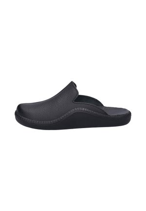 Schwarzer Leder-Slipper-Clog mit abgerundeter Zehenpartie, erhöhter Fußgewölbeunterstützung und profilierter Sohle für den Innen- und Außenbereich.
