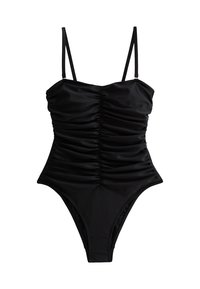 Bañador negro de una sola pieza con tirantes ajustables, detalle fruncido en la parte frontal y un diseño de pierna alta. Tejido suave con un acabado mate.