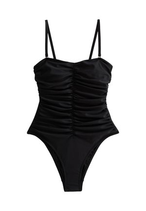 Czarny jednoczęściowy strój kąpielowy z regulowanymi ramiączkami, marszczonymi detalami z przodu i wyciętymi nogawkami. Gładka tkanina o matowym wykończeniu.