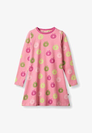 Langärmeliges Kleid aus rosa Baumwolle mit Apfeldruck in Grün- und Rosatönen. Rundhalsausschnitt mit kontrastierendem pinkfarbenem Saum.