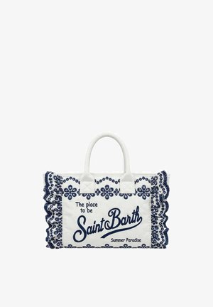 Borsa tote bianca con ricamo floreale blu navy, bordi arricciati e scritta "The place to be Saint Barth Summer Paradise."
