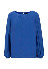 Blaue Langarmbluse aus glattem Stoff mit plissierten Details an den Ärmeln und einem Rundhalsausschnitt. Schlüsselhole-Verschluss auf der Rückseite.