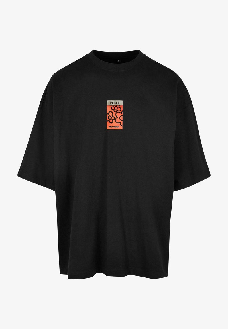 Black cotton t-shirt with short sleeves, featuring a rectangular graphic in orange with floral design and text "PEACE NO WAR" in black.