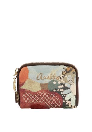 Piccola pochette con cerniera con motivo astratto multicolore e dettagli a punto croce, nome del marchio in tonalità oro "Anekke" sul davanti e rifinitura marrone.