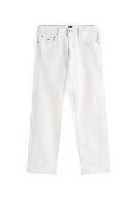 Jean en denim blanc à coupe décontractée, doté de cinq poches, de coutures contrastées et d'une fermeture à bouton.