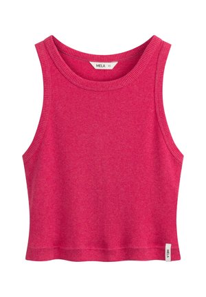 Ärmelloses, geripptes Tanktop in leuchtendem Pink, kürzer geschnitten mit rundem Ausschnitt und kleinem Markenetikett am Saum.