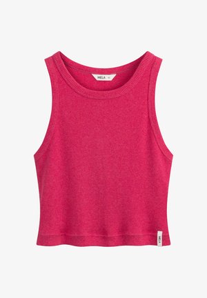 Ärmelloses, geripptes Tanktop in leuchtendem Pink, kürzer geschnitten mit rundem Ausschnitt und kleinem Markenetikett am Saum.