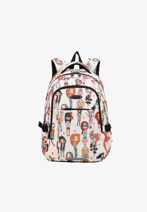 Rugzak met een witte achtergrond en kleurrijke cartoonachtige ontwerpen van mensen. Het heeft twee verstelbare schouderbanden en meerdere ritscompartimenten.