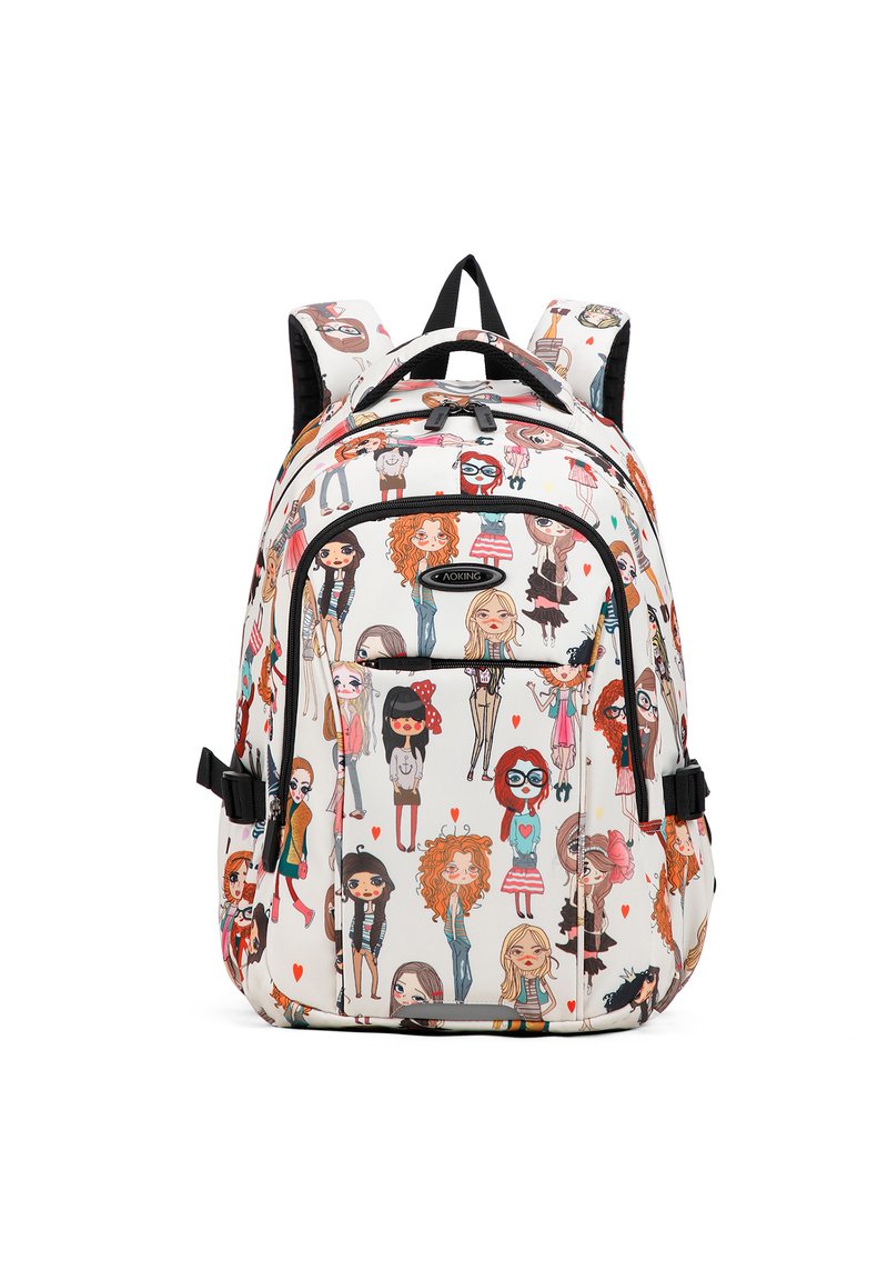 Rugzak met een witte achtergrond en kleurrijke cartoonachtige ontwerpen van mensen. Het heeft twee verstelbare schouderbanden en meerdere ritscompartimenten.