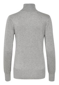 Grå sweater med høj hals, lange ærmer og ribbede manchetter. Fremstillet af et blødt materiale med en glat tekstur og minimal dekoration.