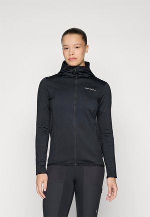 Black zip-up jacket with a hood, made from smooth fabric. Features two side pockets, a fitted design, and minimal logo detailing on the chest.
