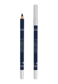 Matita occhi blu navy con punta affilata, racchiusa in un esterno con finitura opaca. Presenta un cappuccio di colore argento. Nome del marchio stampato in bianco.